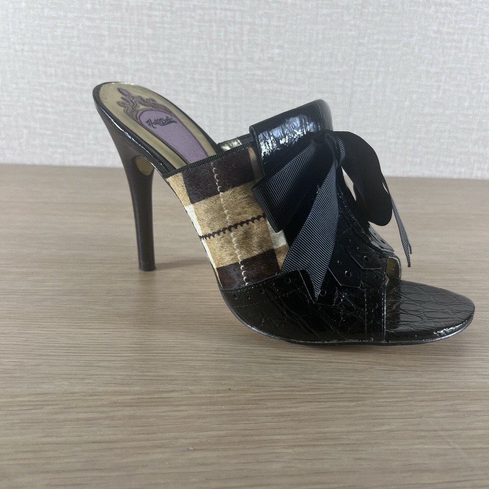 Hale Bob Pony Hair Plaid Patent Leather Mule Heels Bow Peep Toe 10 CityCore - Picture 2 of 14